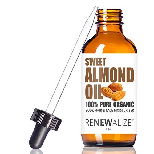 Renewalize ORGANIC SWEET ALMOND OIL MOISTURIZER - in 4 oz Glass Bottle with Dropper | Unrefined Cold Pressed Skincare Lotion Treatment | Essential Natural Personal Massage Oils for the Skin and Body
