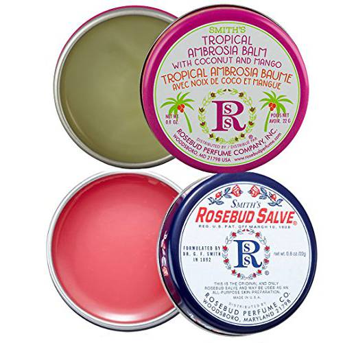 Rosebud Salve Two Pack: Rosebud Salve and Tropical Ambrosia Balm, 2 x 0.8 oz tins