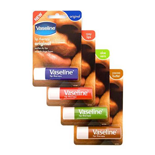 Vaseline Lip Therapy Stick with Petroleum Jelly (Original, Aloe Vera, Rosy Lips, Cocoa Butter)- 4pk