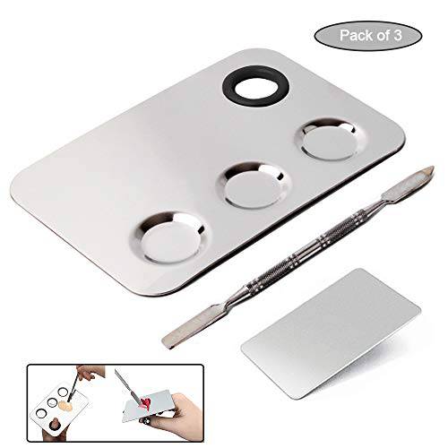 Cosmetic Palette with Mini Ring Palette and Spatula Set Tool 3-Wells Stainless Steel Mixing Makeup Palette Women Cosmetic Palette for Makeup Nail Art Accessories Pack of 3