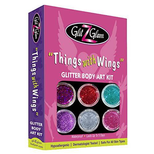 Glitter Tattoo Kit THINGS WITH WINGS - HYPOALLERGENIC and DERMATOLOGIST TESTED - with 6 Large Glitters & 12 Stencils for Temporary Tattoos