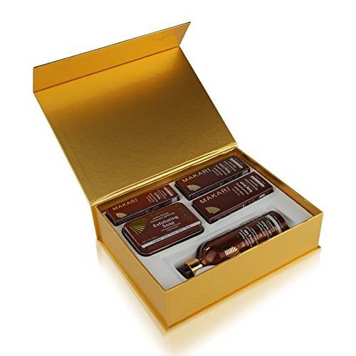 Makari Exclusive Skin Toning Gift Set | Complete Self Care Kit Includes Toning Milk (16.8oz), Cream (1.7oz), Serum (1.66oz), Gel (1oz) & Exfoliating Soap (7oz) | Luxurious Beauty Gifts for Women