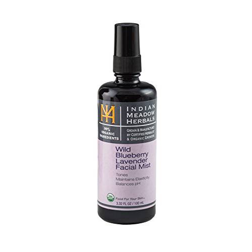 Indian Meadow Herbals Wild Blueberry Lavender Facial Mist 3.4oz/Fl, 95% USDA Certified Organic, Maintains elasticity & balances pH
