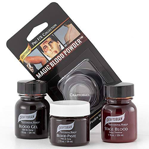 Graftobian Blood Sampler Set Makeup Kit - with 4 FX Bloods - Blood Gel, Blood Paste, Stage Blood, Magic Blood Powder