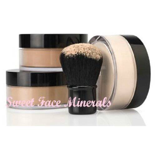 4pc (DEEP TAN) KIT w/KABUKI BRUSH Mineral Makeup Matte Loose Powder Foundation Concealer Blush Long Lasting Bare Face Cosmetics