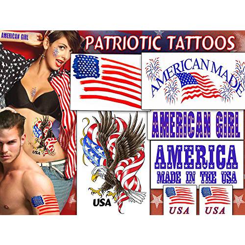 Temporary Tattoo Factory Patriotic Tattoos - Ultra Realistic Adult Tattoo Designs & Large Fake Tattoos - Long Lasting Waterproof Large Temporary Tattoo Set Ideal for July 4 (Pack of 8 Temp Tattoos)