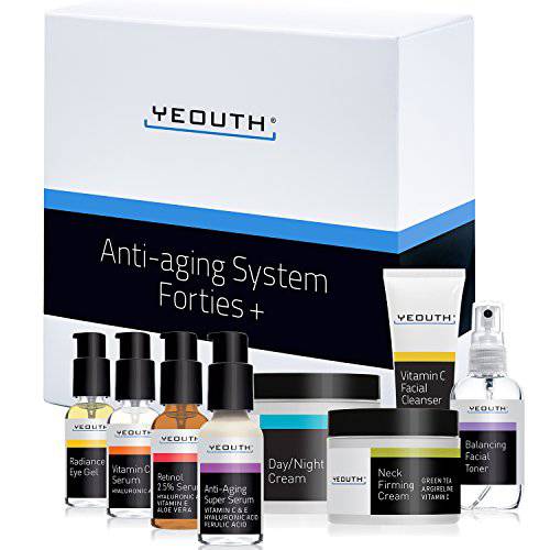 Anti Aging Skin Care Set 40s, Cleanser, Toner, Vitamin C, Hyaluronic Acid & Super Serum, Eye Gel, Neck & Face Cream, Beauty & Personal Care, Skin Care Gift Set for Women & Men 8-Piece Kit by YEOUTH