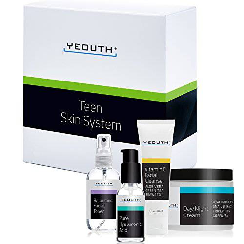 Teens Skin Care Kit, Vitamin C Cleanser, Toner, Hyaluronic Acid Serum, Face Cream, Beauty & Personal Care Skincare Set, Anti Aging Facial Skin Care Products for Men & Women 4-Piece Set by YEOUTH