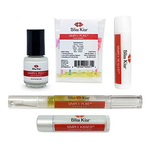 Bliss Kiss Sample Kit - Great Gift Idea - Simply Pure Cuticle Oil Pen, Mini Travel Simply Peel, Simply Sealed Lotion Stick, Simply Kissed Lip Balm, Scent Samples
