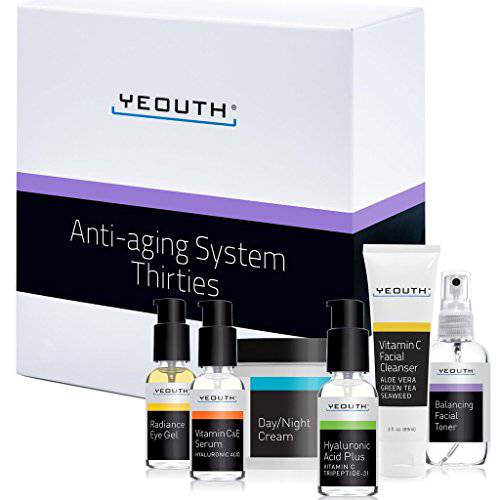 Anti Aging Skincare Set 30s, Cleanser, Toner, Vitamin C & Hyaluronic Acid Serum for Face, Eye Gel, Face Cream, Beauty & Personal Care Products for Women & Men 6-Piece Skin Care Gift Set by YEOUTH