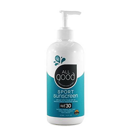 All Good Sport Face & Body Sunscreen Lotion - UVA/UVB Broad Spectrum SPF 30+, Water Resistant, Coral Reef Friendly - Zinc, Shea Butter, Coconut Oil, Aloe (16 oz Pump)