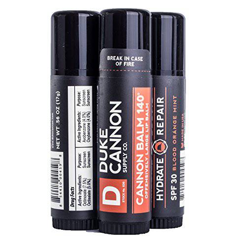 Duke Cannon Supply Co. Tactical Lip Protectant Cannon Balm 140 for Men (Blood Orange Mint) Multi-Pack - Superior Performance, Heavy-Duty, SPF 30, Large Balm for Hard Working Men, 0.56 oz (3 Pack)