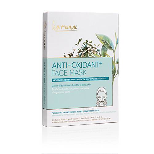 Karuna Antioxidant+ Face Mask Sheets, Facial and Beauty Skin Care Essential to Renew, Energize and Put a Hydrating Glow on Dry, Tired Skin, Contains Green Tea Extract and Vitamin B (4 Sheets Per Pack)