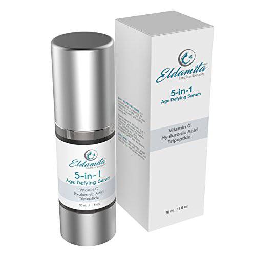Eldamita Advanced Anti Aging 5 in 1 Face Serum Concentrate-Vitamin C Hyaluronic Acid Retinol Tri Peptides-Skin Tightening and Lifting Rejuvenating Collagen Renewal Antioxidant Gel-for Men and Women.