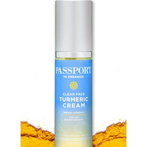 Passport to Organics Clear Face Turmeric Cream - Lightweight Face Cream for Sensitive Skin - Anti-Aging Skin Care with Vitamin E, Turmeric, Aloe Vera & More - Everyday Face and Neck Cream - 1.7oz