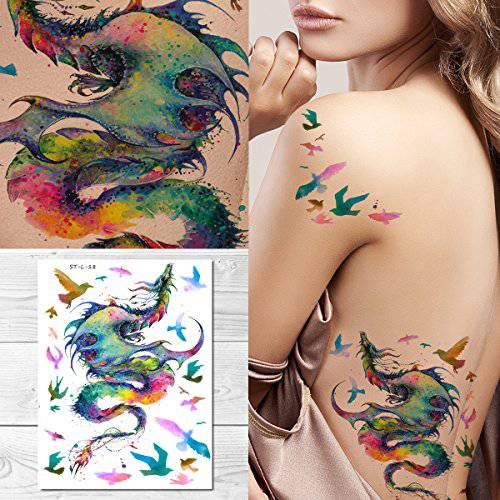 Supperb® Temporary Tattoos - Gorgeous Colorful Dragon & birds