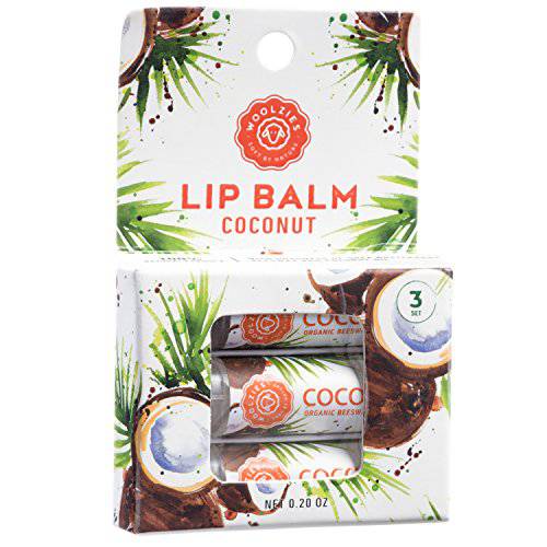 Woolzies 100% Natural Coconut Lip Balm Chap Stick Set of 3 | Made with Bees Wax and Shea Butter