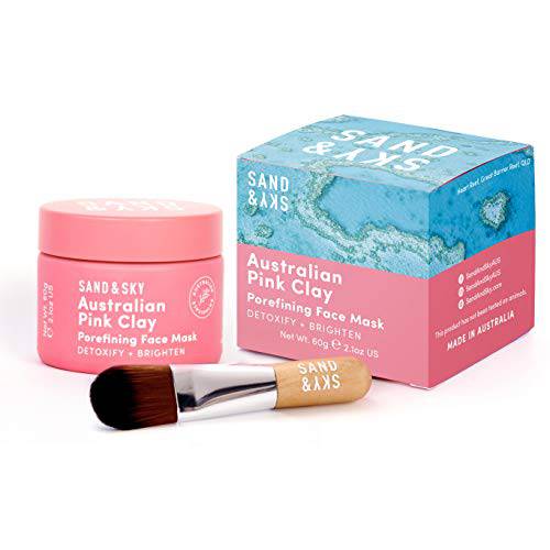 Sand & Sky Australian Pink Clay Porefining Face Mask Skin Care | Pore Minimizer With Face Mask Brush Applicator