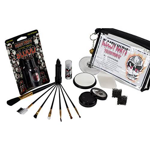 Scary Skeleton Makeup Kit By Bloody Mary - Professional Special Effects Face Makeup Supplies - FX Foundation, Black Blood Lipstick, Eye Shadow, Crayons, Brushes, Blood, Sponge & Case.