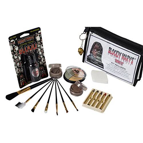 Zombie Makeup Kit By Bloody Mary - Halloween Costume Special Effects Palette - Walking Dead FX Makeup Tools - 5 Crayons, Blood, Setting Powder, 4 Application Brushes, 1 Sponge - Carrying Case Included