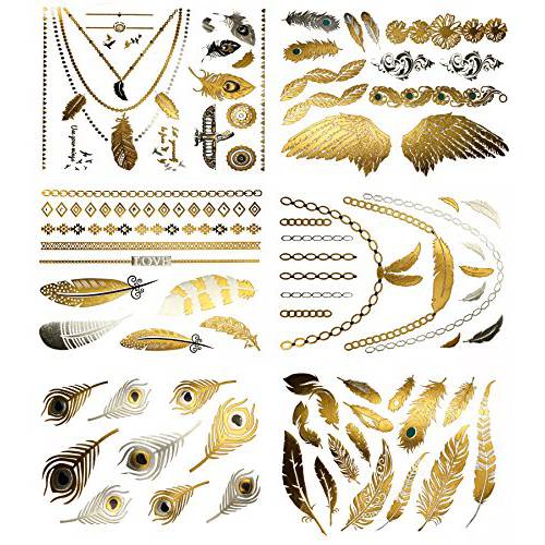 Terra Tattoos Gold Silver & Black Metallic Temporary Tats 75+ Egyptian Designs Feathers, Wings, Arrows Waterproof Nontoxic Long Lasting Perfect for Beach, Festivals, & more