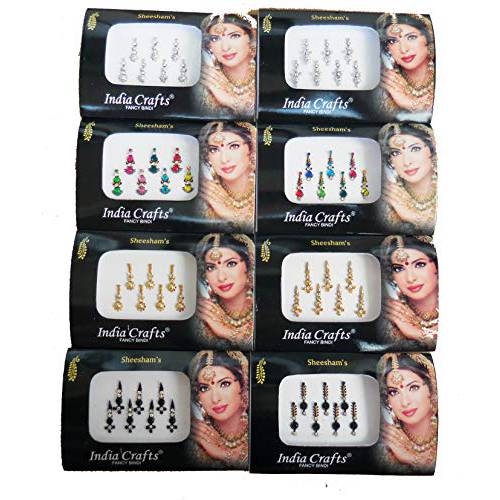 8 Packs- 56 Bindis Combo of Silver/Gold/Black/Multicolored Face Jewels Bollywood tika`