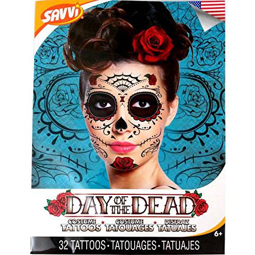 Red Roses Day of the Dead Sugar Skull Temporary Face Tattoo Kit - Pack of 2 Kits