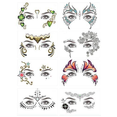 8 Pack Face Temporary Tattoo Waterproof Makeup Tattoo Stickers on Face Eye Forehead Body for Halloween Christmas Stage Masquerade Party