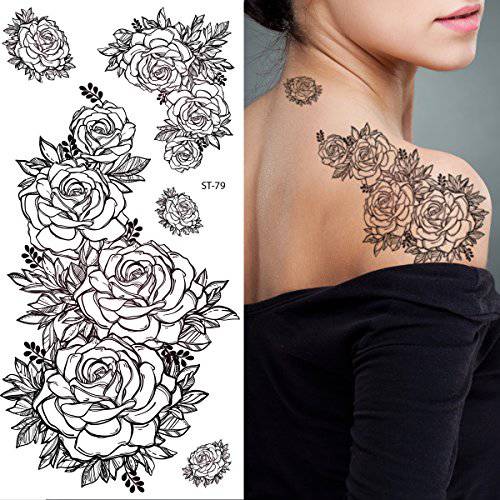 Supperb® Temporary Tattoos - Hand Drawn Black Roses Flowers Temporary Tattoo
