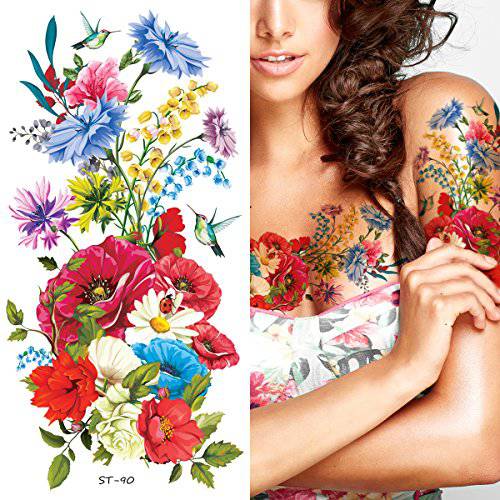 Supperb Temporary Tattoos - Hand drawn Colorful Summer Flower Bouquet (Set of 2)