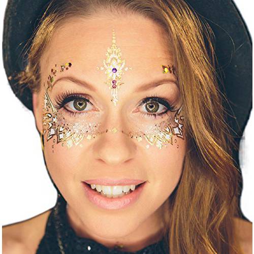 Variety 6 Pages Metallic Temporary Tattoos by Golden Ratio Tats, Gold and White Masquerade Tattoos, Festival Face Paint.