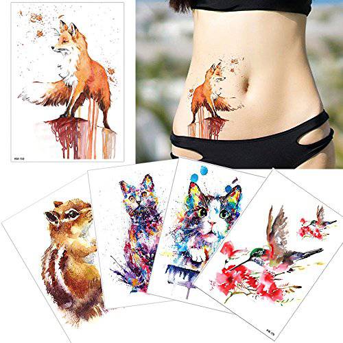 Glaryyears Animal Temporary Tattoos for Adults, Large Watercolor Painting Drawing Fake Creative Tattoo Stickers, 5 Pack Fox Cat Water Transfer Body Makeup Art Home Decoration