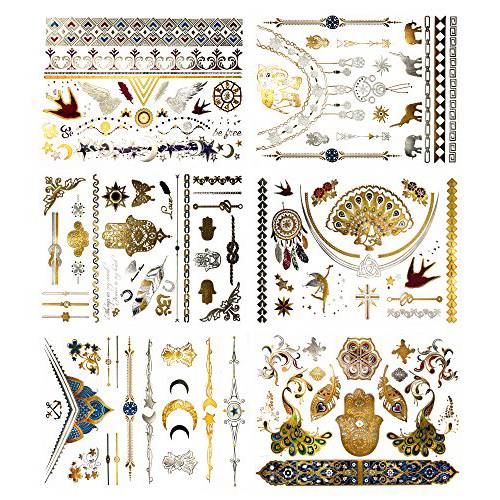 Terra Tattoos Gold Silver Colorful Metallic Temporary Tats 75+ Celestial Henna Designs Moon, Stars, Feather Waterproof Nontoxic Lasting Perfect for Beach, Festivals, & more