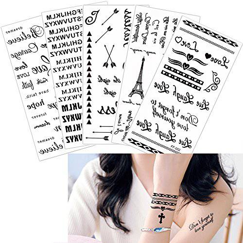 Glaryyears Letters Words Temporary Tattoo, 5-Pack Fake Tattoos, Long-lasting Realistic Tattoos Stickers for Body Finger Wrist, Vivid Life Like Lotus Beauty for Women Men Adults Party Supplies Favors