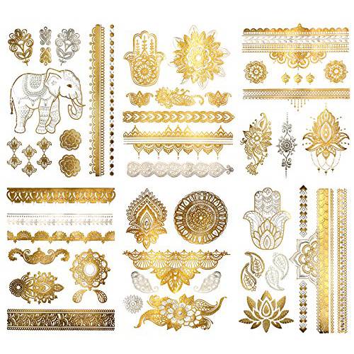 Terra Tattoos Gold Metallic Henna Temporary Tattoos – 75+ Designs Elephants, Flowers, Evil Eye & more Waterproof Nontoxic Long Lasting Perfect for Beach, Festivals, & Parties
