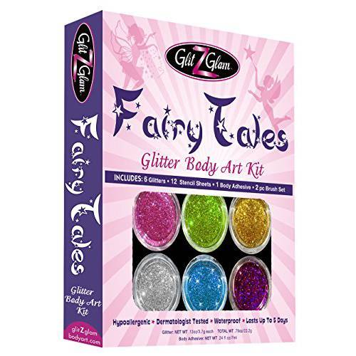 Fairy Tales Glitter Tattoo Kit with 6 Large Glitters & 12 Amazing Stencils - HYPOALLERGENIC and DERMATOLOGIST TESTED -Temporary Tattoos & Body Art