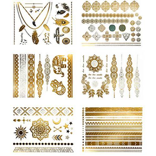 Terra Tattoos Gold Metallic Henna Temporary Tattoos – 75+ Designs Elephants, Flowers, Stars & more Waterproof Nontoxic Long Lasting Perfect for Beach, Festivals, & Parties