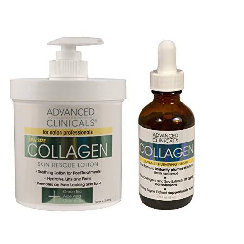 Advanced Clinicals Collagen Body Cream Lotion + Collagen Facial Serum Moisturizer Skin Care Set - Collagen Body Lotion & Plumping Face Serum Help Hydrate, Moisturize, & Firm Dry Skin, 2-Piece Set