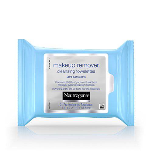 Neutrogena Makeup Remover Cleansing Facial Towelettes, Daily Gentle Face Wipes to Remove Oil, Dirt, & 99.3% of Makeup, Safe for Sensitive Eyes, Alcohol Free Wipes in Resealable Pack, 21 ct