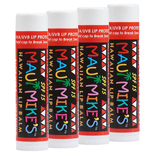 MAUI MIKE’S BEST LIP BALM WITH SPF-15. STRAWBERRY (4 PACK)Contains Aloe Vera,Vitamin E and Beeswax. Glides on Smooth Like the Perfect Wave.Great for Chapped Lips.