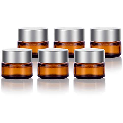 Amber Glass 5 ml 1/6 oz Thick Wall Balm Jars with Silver Matte Smooth Lids (6 Pack)
