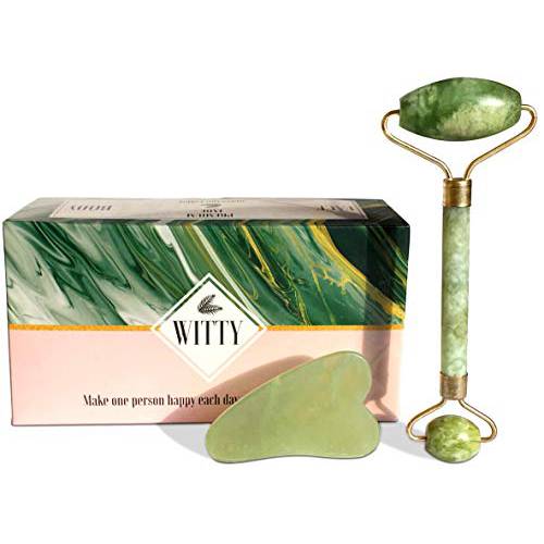 WITTY Jade Face Roller and Gua Sha Set in Hand-Drawn Giftbox - Gua Sha Stone, Face Massager Roller, Beauty Massage Face Scraper Tools - Guasha Tool for Face Roller Skin Care, Eyes, Neck - Extra Pouch