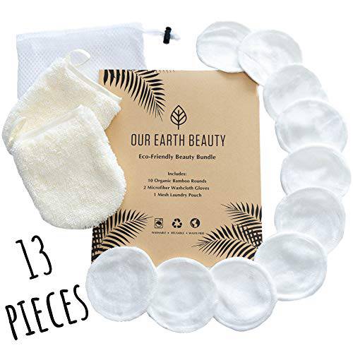 Reusable Makeup Remover Pads and Microfiber Face Cleansing Gloves | 12 Pack with Laundry Bag | 100% Organic Bamboo Cotton | Eco-friendly | Waste Free | Luxury