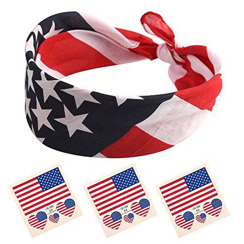 FEPITO 12 Pack American Flag Bandanas Headband USA Flag Kerchief and 12Pcs Tattoo Sticker for July 4th, Patriotic Event Accessories
