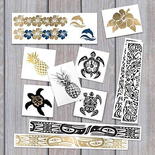 Polynesian Pack Temporary Tattoos (Pack of 11) | Black & Metallic Gold | Tribal Turtle - Hibiscus - Gecko - Tribal Sun | Skin Safe | MADE IN THE USA | Removable