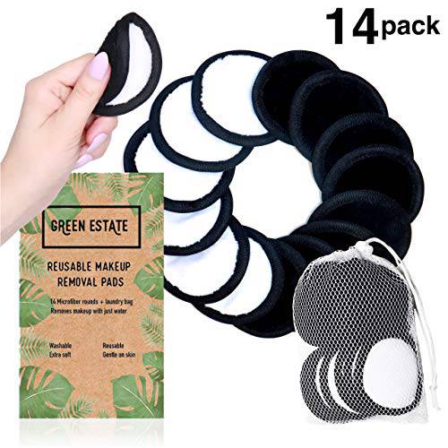 Green Estate Reusable Makeup Remover Pads ? 14 Pack With Laundry Bag ? Two Tone Microfiber ? Black Side For Mascara, Eye Shadow, Lipstick, Foundation ? White Side For Toner And Moisturizer.