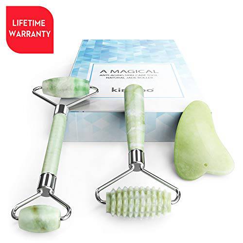 kimkoo Jade Roller for Face-3 in 1 Kit with Facial Massager Tool,100% Real Natural Jade Stone Facial Roller Anti Aging,Face Beauty Set for Eye Anti-Wrinkle