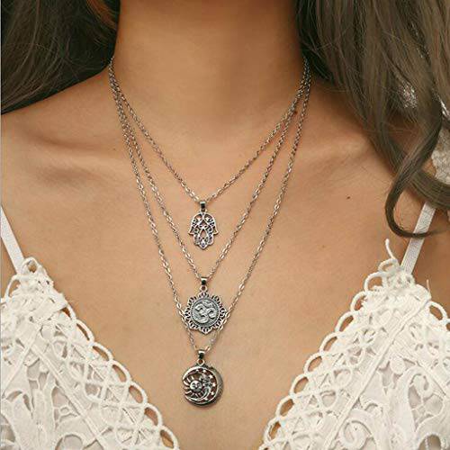 Yalice Boho Layered Hamsa Necklace Chain Vintage Sun Moon Necklaces Yoga Jewelry for Women and Girls