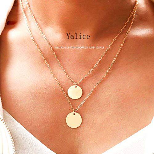 Yalice Double Layered Sequins Necklace Chain Round Circle Necklaces Beach Jewelry for Women and Girls