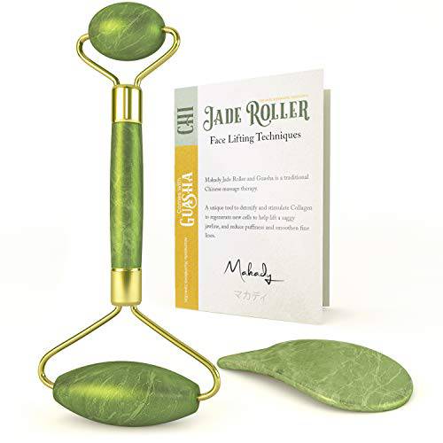 Makady Natural Jade Roller– Gua Sha – Lymphatic Drainage Tool for Face, Neck, Body - Anti Aging Treatment – Reduces Wrinkles and Fine Lines